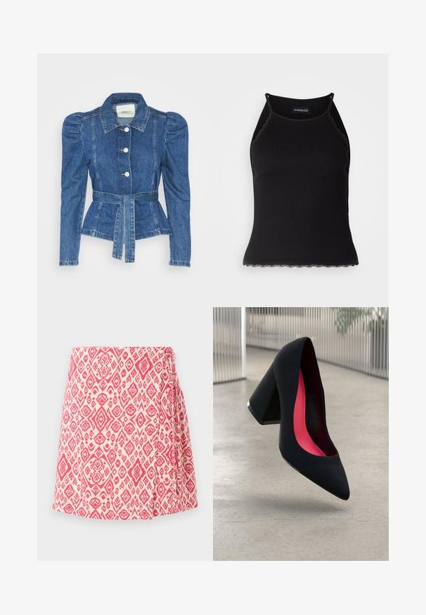 Veste en denim avec une taille ceinturée, un buste ajusté et des épaules bouffantes. Couleur bleu moyen, design structuré et fermetures à boutons sur le devant.; Débardeur noir à côtes avec une bordure en dentelle festonnée à l'ourlet. Présente des bretelles fines et une coupe ajustée. Fabriqué en tissu extensible.; Jupe enveloppante en crème avec un motif géométrique rose. Dotée d'un détail de nœud sur le côté et d'un design évasé pour un ajustement décontracté. Texture de tissu lisse.; Chaussure à talon noir avec un bout pointu, surface texturée et un intérieur rose vif. Dotée d'un talon épais avec un accent en argent.