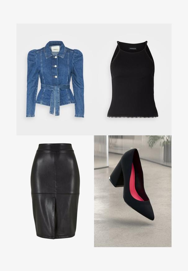 Džínová bunda s páskem v pase, přiléhavým střihem a nadýchanými ramenními vycpávkami. Středně modrá barva, strukturovaný design a zapínání na knoflíky vpředu.; Černý žebrovaný top na ramínka s krajkovým lemem na spodním okraji. Obsahuje tenké ramínka a přiléhavý střih. Vyrobeno z elastické látky.; Černá kožená tužková sukně s přiléhavým střihem, se zadním rozparkem a hladkou texturou. Jednoduchý pas a švy.; Černá vysoká podpatková bota s špičatou špičkou, texturovaným povrchem a živým růžovým interiérem. Obsahuje masivní podpatek se stříbrným akcentem.
