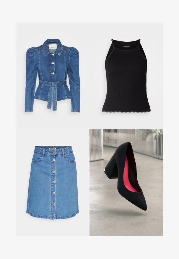 Giacca in denim con vita cintrata, corpino aderente e spalle imbottite. Colore blu medio, design strutturato e chiusura frontale con bottoni.; Top in maglia nera a coste con bordo in pizzo ondulato all'orlo. Presenta spalline sottili e un design aderente. Realizzato in tessuto elasticizzato.; Gonna di denim blu chiaro con forma aderente, chiusura con bottoni frontali, due tasche anteriori e orlo che termina sopra il ginocchio.; Scarpa con tacco alto nera, con punta affusolata, superficie testurizzata e un vivace interno rosa. Presenta un tacco spesso con un accento argentato.