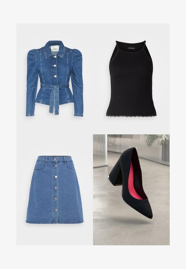 Denim jakna z pasom, prilegajoča bodica in napihnjena ramena. Srednje modra barva, strukturna zasnova in sprednje gumbne zanke.; Črn rebrast top brez rokavov z valovitimi čipkastimi robovi na dnu. Ima tanke naramnice in oprijet kroj. Narejen je iz raztegljivega materiala.; Denim A-line krilo v svetlo modri barvi, ki ima sprednje gumbe, dve žepi in surove robove. Klasična zasnova s petimi žepi.; Črne visoke petke z nazobčanim prstom, teksturirano površino in živahnimi rožnatimi notranjimi deli. Imajo robustno peto z srebrnim akcentom.