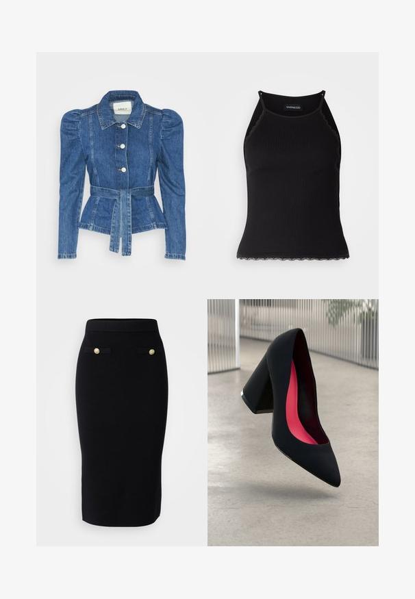 Traper jakna s pojasom u struku, prilagođenim tijelom i nabranim ramenima. Srednje plava boja, strukturirani dizajn i prednje kopčanje na tipke.; Crna ženska majica bez rukava s rebrastim uzorkom i čipkastim obrubom na donjem dijelu. Ima tanke naramenice i prilagođen dizajn. Izrađena od rastezljivog materijala.; Vero Moda Tall VMSABA LENGHT SKIRT - Uska suknja - black; Crna cipele na visoku petu sa špicastim vrhom i teksturiranim gornjim dijelom. Unutrašnjost s jarko ružičastim podstavom. Kvadratna peta s metalnim detaljem na bazi.