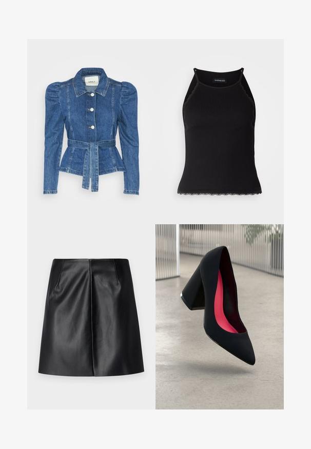 Džínová bunda s opaskom v páse, priliehavým telom a vypúknutými ramenami. Stredne modrá farba, štruktúrovaný dizajn a predné gombíkové zapínanie.; Čierny rebrovaný top bez rukávov so zvlneným čipkovým lemovaním na spodnom leme. Má tenké ramienka a priliehavý strih. Vyrobené z elastického materiálu.; Čierna kožená sukňa s hladkou textúrou, s dvoma prednými pliami a rovnou siluetou. Žiadne viditeľné kovania ani vzory.; Čierna lodička na vysokom opätku s špicatou špičkou, štruktúrovaným povrchom a živým ružovým interiérom. Obsahuje robustný opätok so strieborným akcentom.