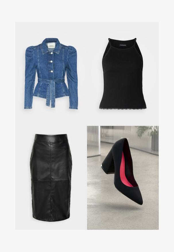 Veste en denim avec une taille ceinturée, un buste ajusté et des épaules bouffantes. Couleur bleu moyen, design structuré et fermetures à boutons sur le devant.; Débardeur noir à côtes avec une bordure en dentelle festonnée à l'ourlet. Présente des bretelles fines et une coupe ajustée. Fabriqué en tissu extensible.; Jupe en cuir noir avec une texture lisse, présentant une taille haute et des coutures piquées qui créent une silhouette structurée et discrète.; Chaussure à talon noir avec un bout pointu, surface texturée et un intérieur rose vif. Dotée d'un talon épais avec un accent en argent.