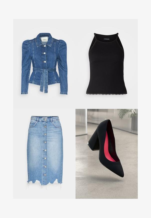 Farmer dzseki övvel a deréknál, testhez simuló fazon és puffos vállakkal. Középkék szín, struktúrált kialakítás és elöl gombos záródás.; Fekete bordázott ujjatlan felső, csipkés, fodros szegéllyel az alján. Vékony pántokkal és testhez simuló kialakítással rendelkezik. Stretch anyagból készült.; Fakék farmer szoknya gombos elülső résszel, közép hosszúságú, szakadt szegéllyel és két elülső zsebbek. Ezüst színű kiegészítők találhatók rajta.; Fekete magassarkú cipő hegyes orral, textúrált felülettel és élénk rózsaszín béléssel. Vastag sarokkal rendelkezik, ezüst kiegészítővel.