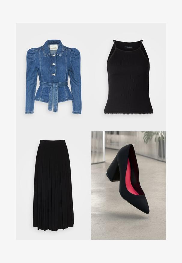 Denimo striukė su dirželiu liemens srityje, prigludusia forma ir pūstomis pečių dalimis. Vidutinio mėlynumo spalva, struktūrizuotas dizainas ir priekiniai mygtukų užsegimai.; Juodas raštuotas marškinėlis be rankovių su banginiu nėriniu apdaila apatine dalimi. Savybės: plonos petnešos ir prigludusi forma. Pagaminta iš tamprios medžiagos.; Juodas plisuotas sijonas su aukštu, tampri juosta. Pagamintas iš minkštos medžiagos, turi vertikalias plisėles, sukuriantis laisvą siluetą.; Juodas aukštakulnis batai su smailiu pirštu, su tekstūruota paviršiumi ir ryškiai rožiniu vidumi. Su tiek dideliu kulnu, tiek sidabriniu akcentu.