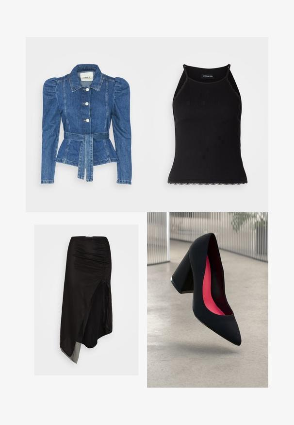 Giacca in denim con vita cintrata, corpino aderente e spalle imbottite. Colore blu medio, design strutturato e chiusura frontale con bottoni.; Top in maglia nera a coste con bordo in pizzo ondulato all'orlo. Presenta spalline sottili e un design aderente. Realizzato in tessuto elasticizzato.; Gonna nera asimmetrica realizzata in tessuto leggero e trasparente, con dettagli arricciati sul lato e uno spacco alto per una maggiore libertà di movimento.; Scarpa con tacco alto nera, con punta affusolata, superficie testurizzata e un vivace interno rosa. Presenta un tacco spesso con un accento argentato.