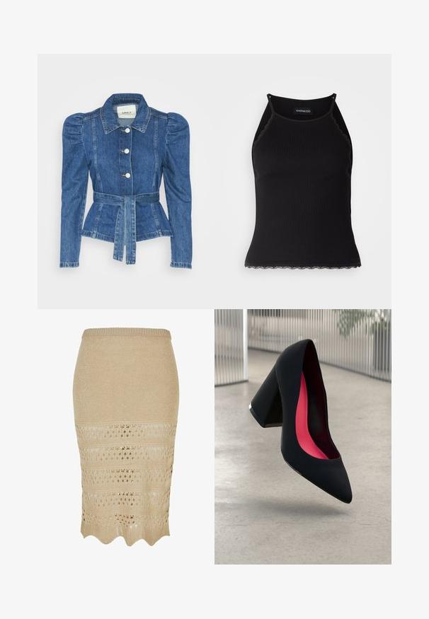 Chaqueta de mezclilla con cintura ceñida, cuerpo ajustado y hombros abullonados. Color azul medio, diseño estructurado y cierres frontales de botones.; Top de tanque negro con ribetes acanalados y borde de encaje con volantes en el dobladillo. Presenta tirantes finos y un diseño ajustado. Fabricado en tejido elástico.; Falda lápiz de punto beige con patrón de ganchillo. Presenta un dobladillo ondulado y una tela texturizada, que proporciona una silueta ajustada.; Zapato de tacón alto negro con puntera afilada, superficie texturizada y un interior de un rosa vibrante. Presenta un tacón grueso con un acento plateado.