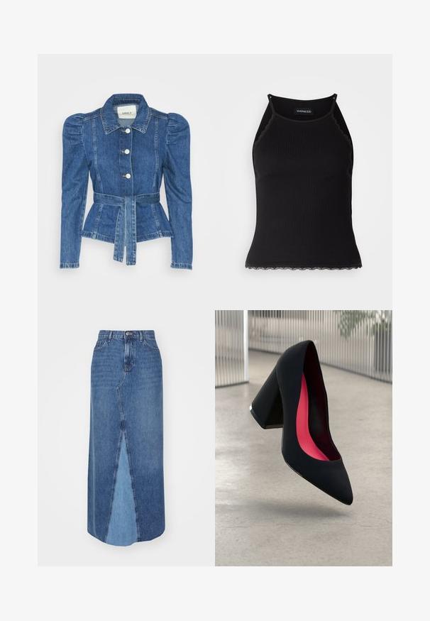 Denimo striukė su dirželiu liemens srityje, prigludusia forma ir pūstomis pečių dalimis. Vidutinio mėlynumo spalva, struktūrizuotas dizainas ir priekiniai mygtukų užsegimai.; Juodas raštuotas marškinėlis be rankovių su banginiu nėriniu apdaila apatine dalimi. Savybės: plonos petnešos ir prigludusi forma. Pagaminta iš tamprios medžiagos.; Džinsinio audinio maksi sijonas su aukštu liemenu, priekiniu plyšiu ir spalvų blokavimo dizainu, kuriame derinami tamsesni ir šviesesni mėlynos spalvos atspalviai.; Juoda aukštakulnė bateliai su aštriu priekeliu ir tekstūruotu viršumi. Viduje ryškiai rožinė pamušalas. Kvadratinis kulnas su metaliniu akcentu pado pagrinde.