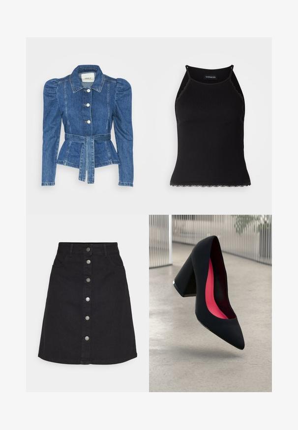 Giacca in denim con vita cintrata, corpino aderente e spalle imbottite. Colore blu medio, design strutturato e chiusura frontale con bottoni.; Top in maglia nera a coste con bordo in pizzo ondulato all'orlo. Presenta spalline sottili e un design aderente. Realizzato in tessuto elasticizzato.; Gonna di jeans nera con chiusura a bottoni verticali e cinque tasche. Presenta un design dritto e orlo regolare, realizzata in robusto tessuto di cotone.; Scarpa con tacco alto nera, con punta affusolata, superficie testurizzata e un vivace interno rosa. Presenta un tacco spesso con un accento argentato.