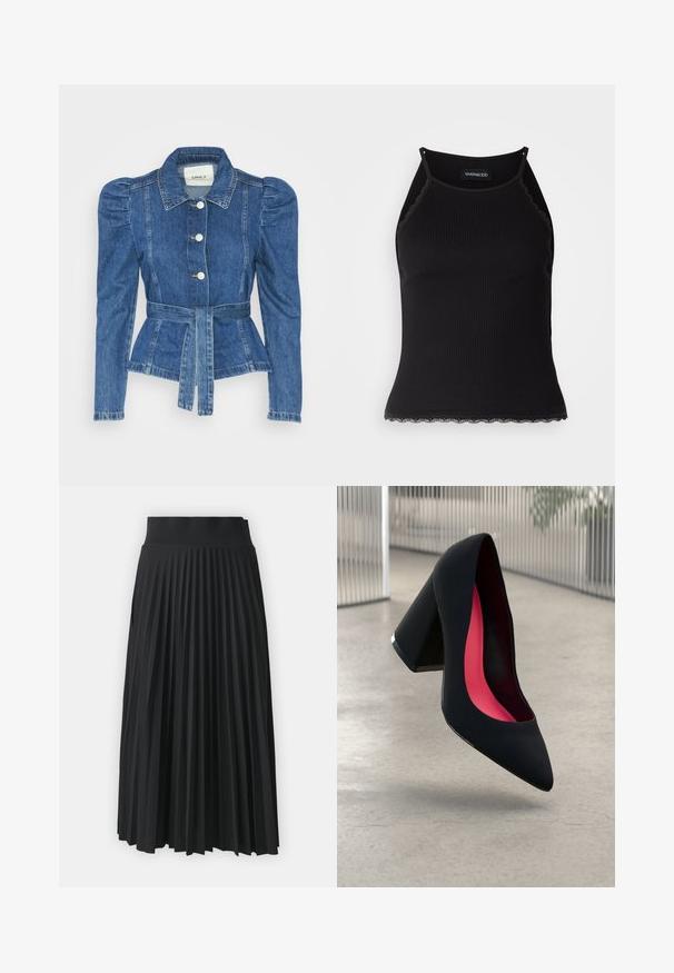 Traper jakna s pojasom u struku, prilagođenim tijelom i nabranim ramenima. Srednje plava boja, strukturirani dizajn i prednje kopčanje na tipke.; Crna ženska majica bez rukava s rebrastim uzorkom i čipkastim obrubom na donjem dijelu. Ima tanke naramenice i prilagođen dizajn. Izrađena od rastezljivog materijala.; Crna plisirana suknja sa širokim strukom, koja sadrži jednake vertikalne nabore po cijeloj površini. Glatka tekstura s tekućim dizajnom.; Crna visoka potpetica s oštrim vrhom, teksturiranom površinom i živopisnom ružičastom unutrašnjošću. Ima masivnu potpeticu s srebrnim detaljem.