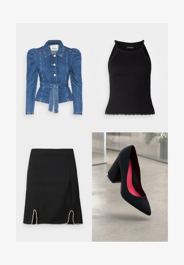 Giacca in denim con vita cintrata, corpino aderente e spalle imbottite. Colore blu medio, design strutturato e chiusura frontale con bottoni.; Top in maglia nera a coste con bordo in pizzo ondulato all'orlo. Presenta spalline sottili e un design aderente. Realizzato in tessuto elasticizzato.; Gonna nera con design aderente, arricchita da dettagli con perline d'argento lungo l'orlo e tagli decorativi ai lati. Tessuto dalla texture liscia.; Scarpa con tacco alto nera, con punta affusolata, superficie testurizzata e un vivace interno rosa. Presenta un tacco spesso con un accento argentato.