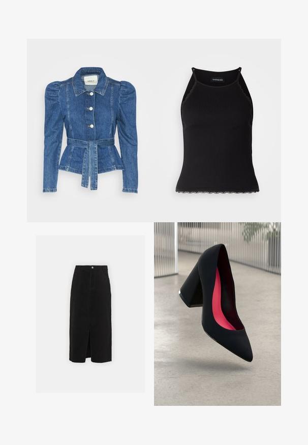 Denim jakna z pasom, prilegajoča bodica in napihnjena ramena. Srednje modra barva, strukturna zasnova in sprednje gumbne zanke.; Črn rebrast top brez rokavov z valovitimi čipkastimi robovi na dnu. Ima tanke naramnice in oprijet kroj. Narejen je iz raztegljivega materiala.; Črna denim midi krila, ki ima sprednji razporek, klasičen dizajn s petimi žepi in srebrno zapiranje na pasu.; Črne visoke petke z nazobčanim prstom, teksturirano površino in živahnimi rožnatimi notranjimi deli. Imajo robustno peto z srebrnim akcentom.