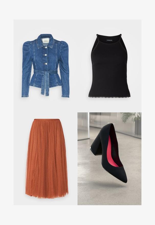 Denim jakna z pasom, prilegajoča bodica in napihnjena ramena. Srednje modra barva, strukturna zasnova in sprednje gumbne zanke.; Črn rebrast top brez rokavov z valovitimi čipkastimi robovi na dnu. Ima tanke naramnice in oprijet kroj. Narejen je iz raztegljivega materiala.; Rust oranžna tila krila z prilagojeno pasom. Ima nabrano zasnovo in subtilne metalne poudarke po celotni površini. Midi dolžine.; Črne visoke petke z nazobčanim prstom, teksturirano površino in živahnimi rožnatimi notranjimi deli. Imajo robustno peto z srebrnim akcentom.