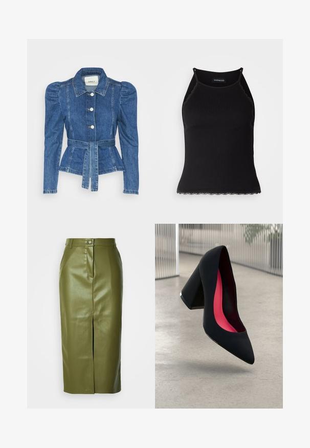Casaco de ganga com cintura ajustada, corpete justo e ombros bufantes. Cor azul média, design estruturado e fecho frontal por botões.; T-shirt sem mangas preto com acabamento em renda frisada na barra. Apresenta alças finas e um design justo. Feito de um tecido elástico.; Saia midi em pele sintética verde-oliva com uma abertura frontal, apresentando um fecho com botão e um brilho subtil, desenhada com uma silhueta ajustada.; Sapato de salto alto preto com bico puntiagudo, superfície texturizada e um interior vibrante em rosa. Apresenta um salto grosso com detalhe em prata.