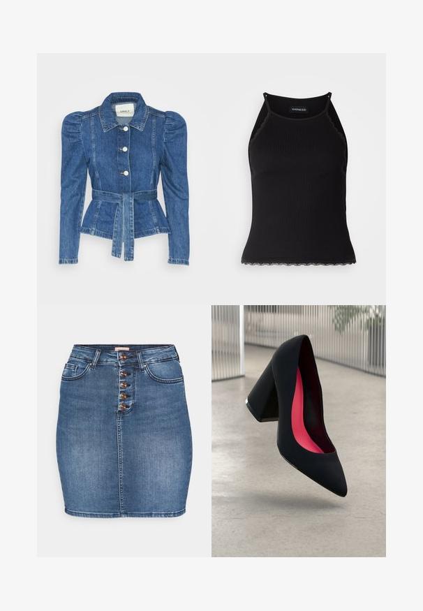 Farmer dzseki övvel a deréknál, testhez simuló fazon és puffos vállakkal. Középkék szín, struktúrált kialakítás és elöl gombos záródás.; Fekete bordázott ujjatlan felső, csipkés, fodros szegéllyel az alján. Vékony pántokkal és testhez simuló kialakítással rendelkezik. Stretch anyagból készült.; Közép kék farmer szoknya, testhez simuló fazonnal. Öt gombos elülső záródással, két elülső zsebbel és varrott szegélyezéssel rendelkezik.; Fekete magassarkú cipő hegyes orral, textúrált felülettel és élénk rózsaszín béléssel. Vastag sarokkal rendelkezik, ezüst kiegészítővel.