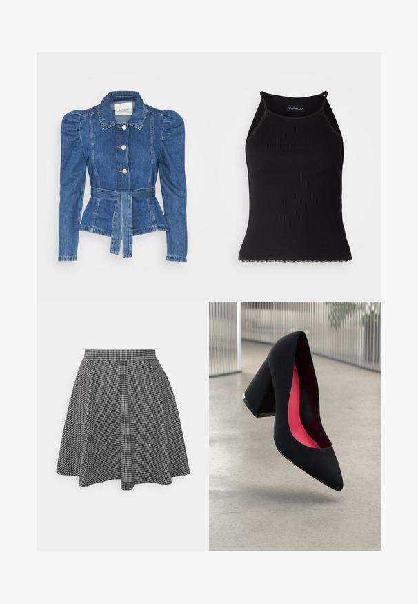 Casaco de ganga com cintura ajustada, corpete justo e ombros bufantes. Cor azul média, design estruturado e fecho frontal por botões.; T-shirt sem mangas preto com acabamento em renda frisada na barra. Apresenta alças finas e um design justo. Feito de um tecido elástico.; Saia de patinadora em preto e branco com padrão quadriculado, com uma cintura ajustada e hem em evasê, feita de um tecido texturizado que exibe um padrão clássico.; Sapato de salto alto preto com bico puntiagudo, superfície texturizada e um interior vibrante em rosa. Apresenta um salto grosso com detalhe em prata.