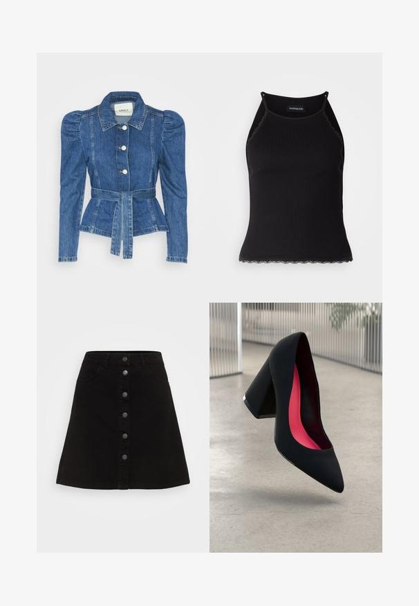 Casaco de ganga com cintura ajustada, corpete justo e ombros bufantes. Cor azul média, design estruturado e fecho frontal por botões.; T-shirt sem mangas preto com acabamento em renda frisada na barra. Apresenta alças finas e um design justo. Feito de um tecido elástico.; Serta de ganga preta em linha A com fecho de botão, cinco bolsos e metais prateados. Apresenta uma bainha limpa e uma textura suave.; Sapato de salto alto preto com bico puntiagudo, superfície texturizada e um interior vibrante em rosa. Apresenta um salto grosso com detalhe em prata.