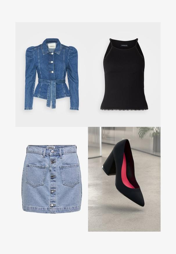 Džínová bunda s opaskom v páse, priliehavým telom a vypúknutými ramenami. Stredne modrá farba, štruktúrovaný dizajn a predné gombíkové zapínanie.; Čierny rebrovaný top bez rukávov so zvlneným čipkovým lemovaním na spodnom leme. Má tenké ramienka a priliehavý strih. Vyrobené z elastického materiálu.; Džínová mini sukňa svetlomodrej farby, s piatimi prednými gombíkmi, dvoma náplňovými vreckami a jemne poškodenou textúrou. Na štítku je napísané "ONLY."; Čierna lodička na vysokom opätku s špicatou špičkou, štruktúrovaným povrchom a živým ružovým interiérom. Obsahuje robustný opätok so strieborným akcentom.
