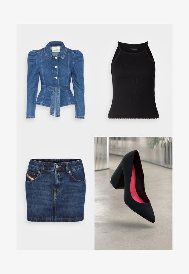 Giacca in denim con vita cintrata, corpino aderente e spalle imbottite. Colore blu medio, design strutturato e chiusura frontale con bottoni.; Top in maglia nera a coste con bordo in pizzo ondulato all'orlo. Presenta spalline sottili e un design aderente. Realizzato in tessuto elasticizzato.; Gonna di jeans di un blu scuro con un design aderente, cinque tasche e cuciture arancioni. Presenta una chiusura a bottone metallico in vita.; Scarpa con tacco alto nera, con punta affusolata, superficie testurizzata e un vivace interno rosa. Presenta un tacco spesso con un accento argentato.