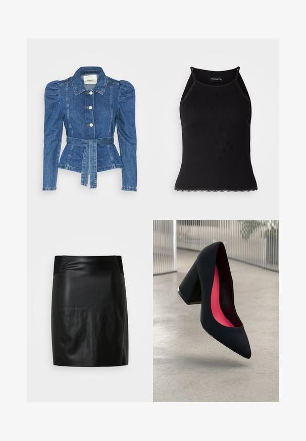 Denim jakna z pasom, prilegajoča bodica in napihnjena ramena. Srednje modra barva, strukturna zasnova in sprednje gumbne zanke.; Črn rebrast top brez rokavov z valovitimi čipkastimi robovi na dnu. Ima tanke naramnice in oprijet kroj. Narejen je iz raztegljivega materiala.; Črna usnjena mini krila z gladko teksturo, ki ima tesno prileganje in elastičen pas ter predstavlja eleganten in sodoben izgled.; Črne visoke petke z nazobčanim prstom, teksturirano površino in živahnimi rožnatimi notranjimi deli. Imajo robustno peto z srebrnim akcentom.