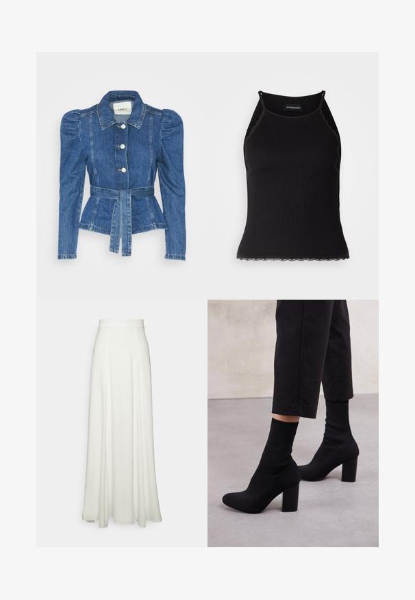 Džínová bunda s páskem v pase, přiléhavým střihem a nadýchanými ramenními vycpávkami. Středně modrá barva, strukturovaný design a zapínání na knoflíky vpředu.; Černý žebrovaný top na ramínka s krajkovým lemem na spodním okraji. Obsahuje tenké ramínka a přiléhavý střih. Vyrobeno z elastické látky.; Bílá sukně až na zem s hladkou, lehce splývavou texturou, s přiléhavým vysokým pasem a bez viditelných vzorů či ozdob.; Černé kotníkové boty na podpatku s žebrovaným střevíčkem, hladkým povrchem, kulatou špičkou a blokovým podpatkem pro stabilitu.