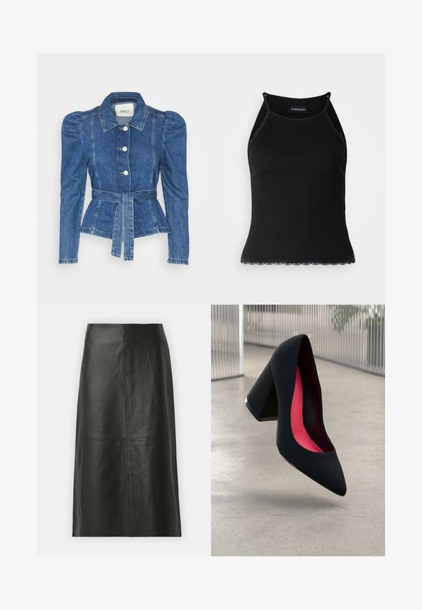 Denim jakna z pasom, prilegajoča bodica in napihnjena ramena. Srednje modra barva, strukturna zasnova in sprednje gumbne zanke.; Črn rebrast top brez rokavov z valovitimi čipkastimi robovi na dnu. Ima tanke naramnice in oprijet kroj. Narejen je iz raztegljivega materiala.; Črna usnjena midi krila s pravim krojem. Gladka tekstura, minimalni šivi in prilegajoč pas. Brez vidnih žepov ali dodatnih podrobnosti.; Črne visoke petke z nazobčanim prstom, teksturirano površino in živahnimi rožnatimi notranjimi deli. Imajo robustno peto z srebrnim akcentom.