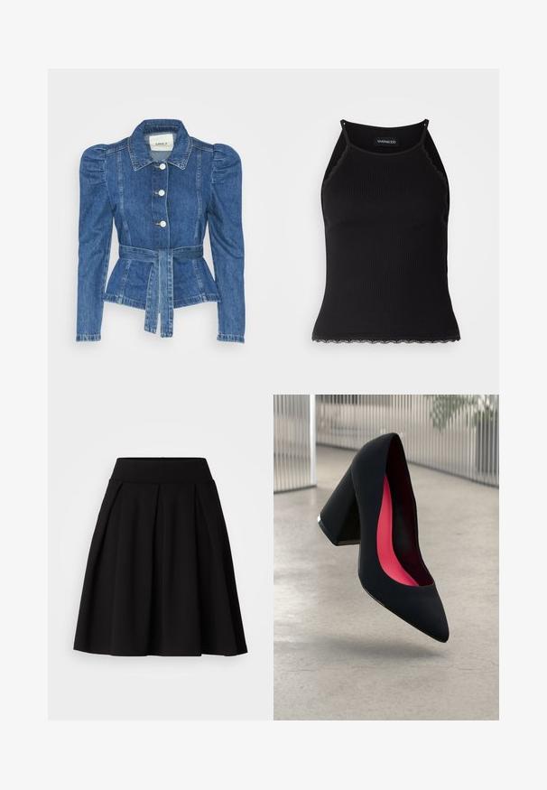 Casaco de ganga com cintura ajustada, corpete justo e ombros bufantes. Cor azul média, design estruturado e fecho frontal por botões.; T-shirt sem mangas preto com acabamento em renda frisada na barra. Apresenta alças finas e um design justo. Feito de um tecido elástico.; Saia pregueada preta feita de tecido macio, com uma cintura alta e um formato evasê, adequada para várias ocasiões.; Sapato de salto alto preto com bico puntiagudo, superfície texturizada e um interior vibrante em rosa. Apresenta um salto grosso com detalhe em prata.
