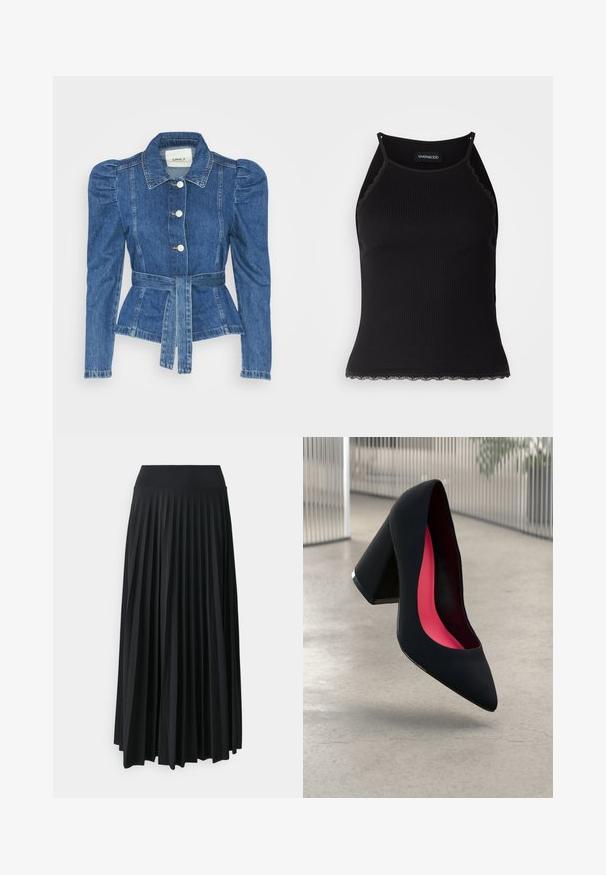 Denim jacket with a belted waist, fitted bodice, and puffed shoulders. Medium blue color, structured design, and front button closures.; Black ribbed tank top with scalloped lace trim at the hem. Features thin straps and a fitted design. Made from stretchable fabric.; Pleated black maxi skirt with a wide elastic waistband. Made of soft, flowing fabric, featuring vertical creases for added texture.; Black high heel shoe with a pointed toe, textured surface, and a vibrant pink interior. Features a chunky heel with silver accent.