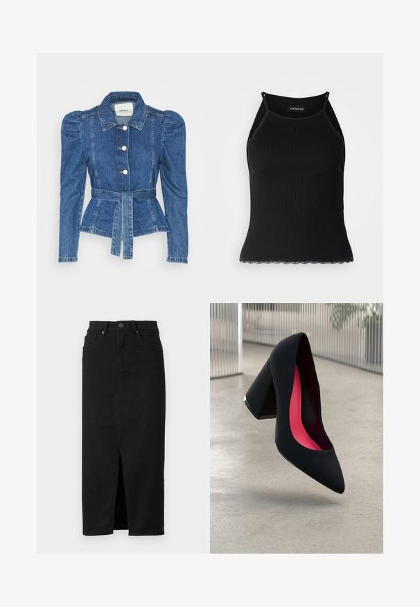 Džínová bunda s opaskom v páse, priliehavým telom a vypúknutými ramenami. Stredne modrá farba, štruktúrovaný dizajn a predné gombíkové zapínanie.; Čierny rebrovaný top bez rukávov so zvlneným čipkovým lemovaním na spodnom leme. Má tenké ramienka a priliehavý strih. Vyrobené z elastického materiálu.; Čierna rifľová sukňa s predným rozparkom, vysokým pásom a tradičným štýlom s piatimi vreckami. Hladká textúra a klasický strih.; Čierna lodička na vysokom opätku s špicatou špičkou, štruktúrovaným povrchom a živým ružovým interiérom. Obsahuje robustný opätok so strieborným akcentom.