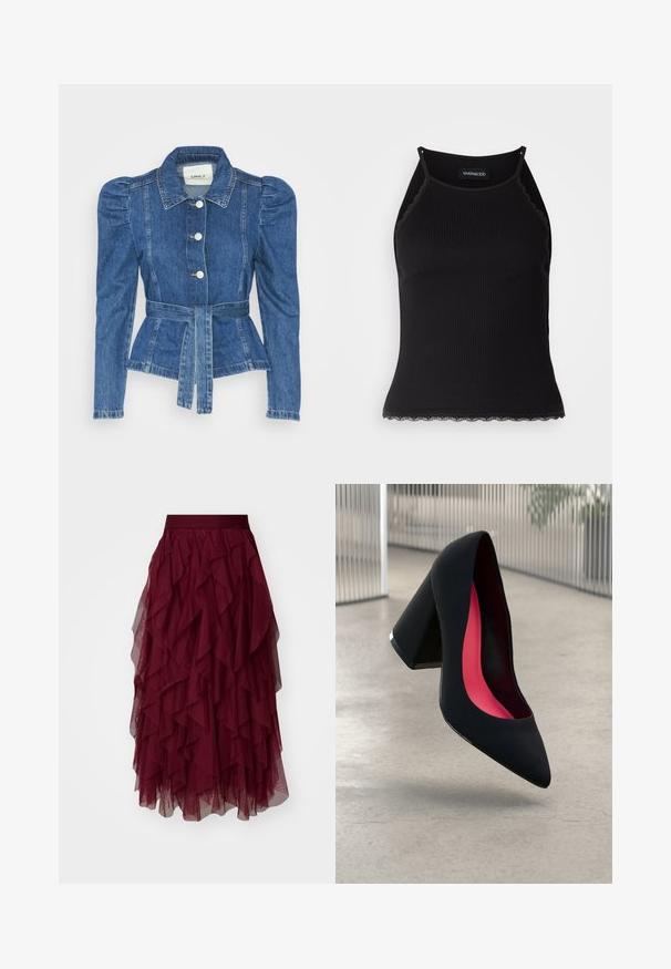 Casaco de ganga com cintura ajustada, corpete justo e ombros bufantes. Cor azul média, design estruturado e fecho frontal por botões.; T-shirt sem mangas preto com acabamento em renda frisada na barra. Apresenta alças finas e um design justo. Feito de um tecido elástico.; Saia de tule borgonha com várias camadas de babados, uma cintura larga e uma silhueta fluida. O tecido leve e texturizado realça o movimento.; Sapato de salto alto preto com bico puntiagudo, superfície texturizada e um interior vibrante em rosa. Apresenta um salto grosso com detalhe em prata.