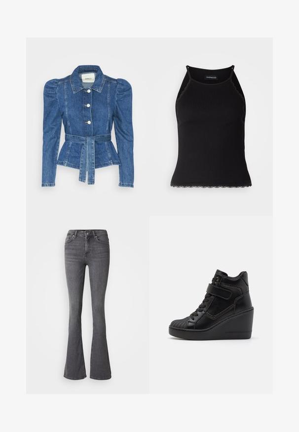 Jachetă din denim cu talie cu curea, bust ajustat și umeri bufanți. Culoare albastră medie, design structurat și închidere cu nasturi în față.; Top de bumbac negru cu nervuri, cu dantelă ondulată la margine. Are bretele subțiri și un design ajustat. Fabricat din material elastic.; Blugi gri evazați cu talie înaltă, închidere cu buton, cinci buzunare și accente de cusătură subtile. Fabricat din denim cu o textură netedă.; Adidași cu toc ascuns negri, din piele netedă, cu șireturi la față, curea ajustabilă și detalii decorative cu fermoar.