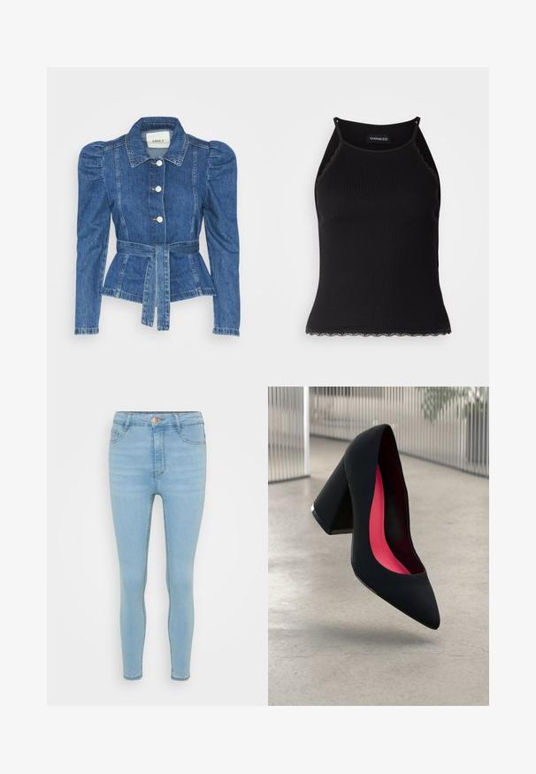 Džinsu jaka ar jostas vidukli, pieguļošu augšdaļu un pūšām plecu daļām. Vidēji zila krāsa, strukturēts dizains un priekšējie pogu aizdarījumi.; Melna ribota topiņa ar izšūtu mežģīņu apdari apakšmalā. Iezīmē plānas siksniņas un pielāgotu piegriezumu. Izgatavota no stiepjama auduma.; Gaiši zilas džinsu skinny bikses ar augstu jostasvietu, kurām ir priekšējā pogu un rāvējslēdzēja aizdare, piecas kabatas un viegla izbalēšana.; Melna augsta papēža kurpe ar smailu purngalu, teksturētu virsmu un dzīvespriecīgu rozā interjeru. Satur masīlu papēdi ar sudraba akcentu.