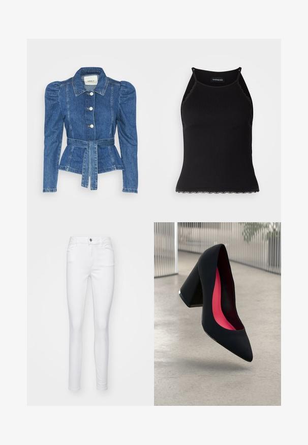 Τζάκετ τζιν με ζώνη στη μέση, εφαρμοστό σώμα και φουσκωτούς ώμους. Μεσαίου μπλε χρώματος, δομημένος σχεδιασμός και μπροστινές κλείσεις με κουμπιά.; Μαύρη ριγέ αμάνικη μπλούζα με δαντέλα στη βάση. Διαθέτει λεπτές τιράντες και εφαρμοστή σχεδίαση. Φτιαγμένη από ελαστικό ύφασμα.; Λευκά στενά τζιν από τζιν ύφασμα, με κλείσιμο μπροστά με κουμπί, πέντε τσέπες και λεία υφή σε όλο το ύφασμα.; Μαύρο τακούνι με尖 καμπυλωτή μύτη, υφή και έντονο ροζ εσωτερικό. Διαθέτει χοντρό τακούνι με ασημί λεπτομέρεια.
