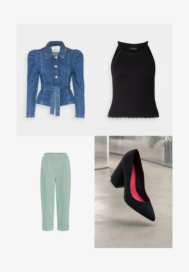 Spijkerjack met een ceintuur in de taille, een getailleerd lijfje en pofmouwen. Middelblauwe kleur, gestructureerd ontwerp en knoopsluitingen aan de voorkant.; Zwarte geribbelde tanktop met een scallooped kanten rand aan de onderkant. Heeft dunne bandjes en een aansluitend ontwerp. Gemaakt van rekbare stof.; Lichtgroene, cropped broeken met een zachte textuur, voorzien van een omgevouwen zoom en voorplooien, ontworpen voor comfort en casual draag.; Zwarte hoge hak met een spitse neus, textuur op het oppervlak en een opvallend roze interieur. Beschikt over een chunky hak met zilveren accent.