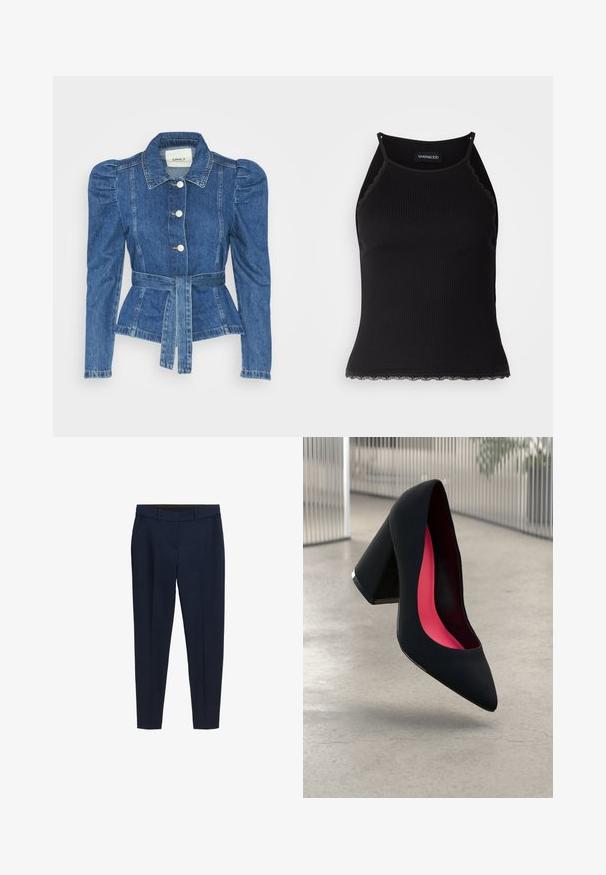 Jeansjacke mit tailliertem Schnitt, fitted Oberteil und gepufften Schultern. Mittelblaue Farbe, strukturierte Form und Frontknopfverschlüsse.; Schwarzes, geripptes Tanktop mit gewellten Spitzenabschluss am Saum. Mit dünnen Trägern und einer figurbetonten Passform. Hergestellt aus dehnbarem Material.; Navyblaue, maßgeschneiderte Hosen mit Gürtelschlaufen, seitlichen Taschen und einer Bügelfalte, entworfen für eine schmale Passform.; Schwarzer High Heel Schuh mit spitzer Zehe, strukturiertem Obermaterial und lebhaftem pinken Innenraum. Verfügt über einen dicken Absatz mit silberner Akzentuierung.