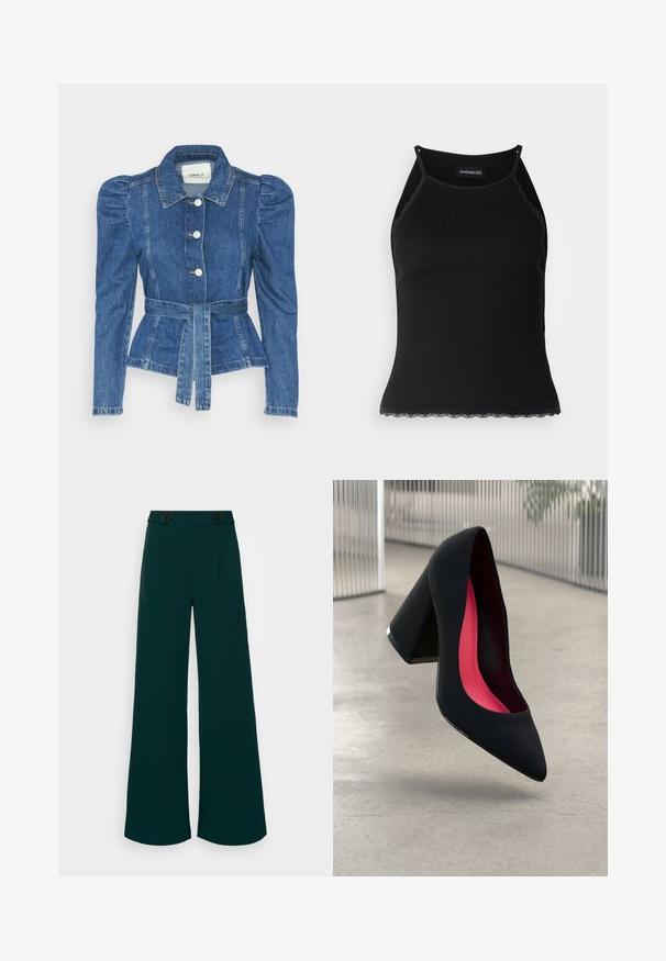 Spijkerjack met een ceintuur in de taille, een getailleerd lijfje en pofmouwen. Middelblauwe kleur, gestructureerd ontwerp en knoopsluitingen aan de voorkant.; Zwarte geribbelde tanktop met een scallooped kanten rand aan de onderkant. Heeft dunne bandjes en een aansluitend ontwerp. Gemaakt van rekbare stof.; Wijdbenige broek in donkerblauwe stof, met een hoge taille en dubbele knoopsluiting, scherpe plooien en een gladde, gestructureerde textuur.; Zwarte hoge hak met een spitse neus, textuur op het oppervlak en een opvallend roze interieur. Beschikt over een chunky hak met zilveren accent.
