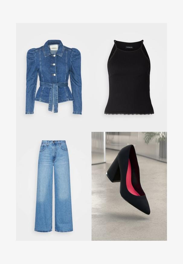 Riposso takki, jossa on vyöllinen vyötärö, istuva vartalo ja puffatut olkapäät. Keskisininen väri, rakenteellinen muotoilu ja etupainetut napit.; Mustan ribbitoppi, jonka helman reunassa on aaltoileva pitsi. Ominaisuuksina ohuet hihnat ja tiukka malli. Valmistettu joustavasta kankaasta.; Vyötuet farkut vaaleansinistä denimiä, joissa on korkea vyötärö, nappikiinnitys ja klassinen viiden taskun muotoilu haalistuneilla alueilla.; Musta korkokenkä, jossa on terävä kärki, teksturoitu pinta ja kirkkaan vaaleanpunainen sisus. Varustettu tukevalla kannalla, jossa on hopeinen yksityiskohta.