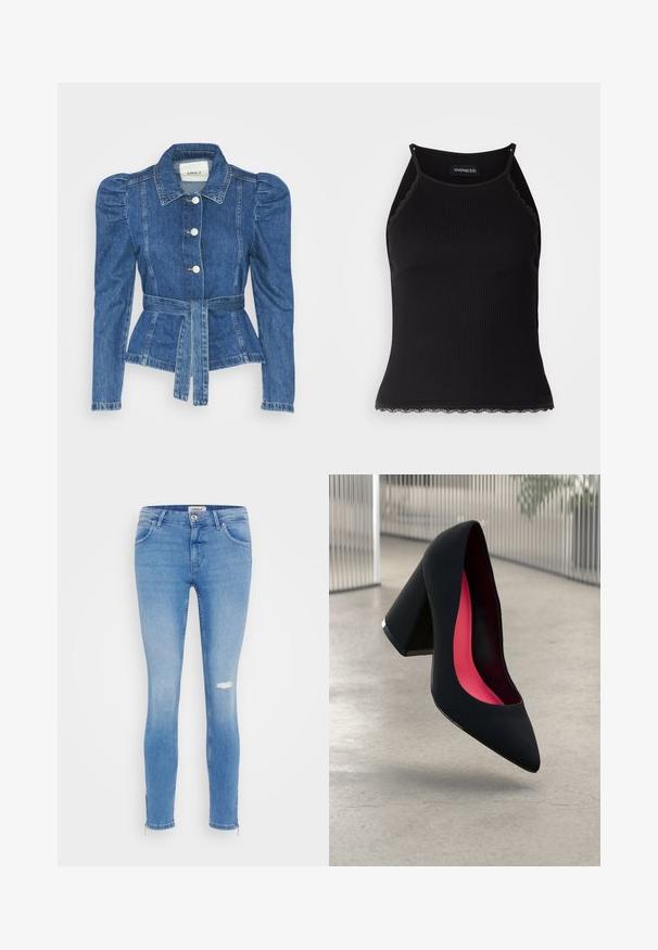Farmer dzseki övvel a deréknál, testhez simuló fazon és puffos vállakkal. Középkék szín, struktúrált kialakítás és elöl gombos záródás.; Fekete bordázott ujjatlan felső, csipkés, fodros szegéllyel az alján. Vékony pántokkal és testhez simuló kialakítással rendelkezik. Stretch anyagból készült.; Világoskék, skinny fazonú farmernadrág, térdnél megviselt részletekkel, cipzáras díszítéssel a bokán, valamint klasszikus öt zsebes kialakítással.; Fekete magassarkú cipő hegyes orral, textúrált felülettel és élénk rózsaszín béléssel. Vastag sarokkal rendelkezik, ezüst kiegészítővel.