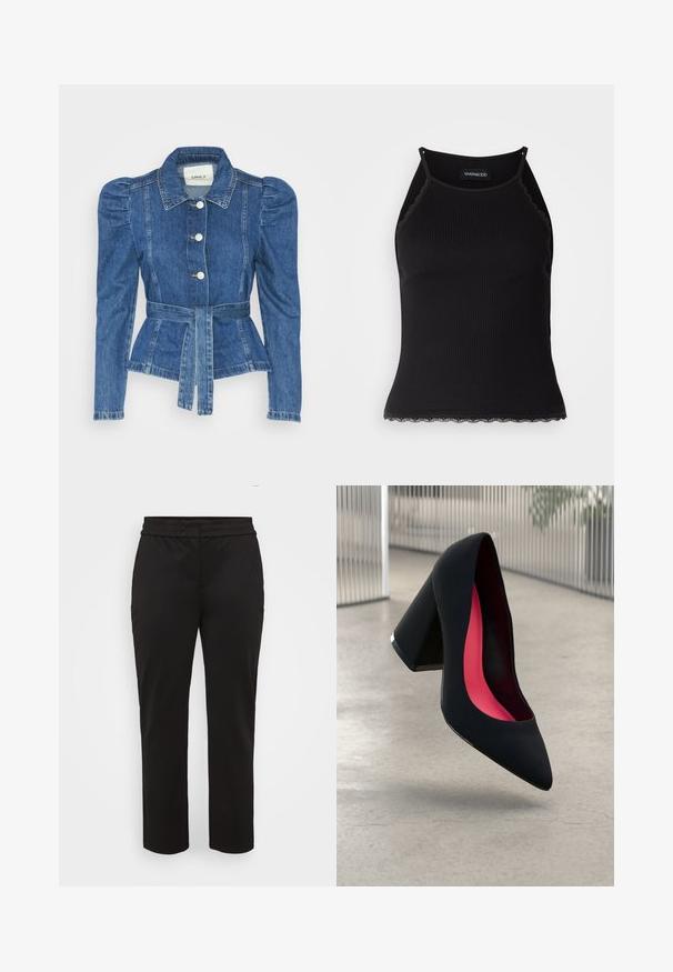 Denim jacket with a belted waist, fitted bodice, and puffed shoulders. Medium blue color, structured design, and front button closures.; Black ribbed tank top with scalloped lace trim at the hem. Features thin straps and a fitted design. Made from stretchable fabric.; Black trousers made of smooth, stretchy fabric. They feature a wide, flat waistband and a straight cut with no visible pockets.; Black high heel shoe with a pointed toe, textured surface, and a vibrant pink interior. Features a chunky heel with silver accent.