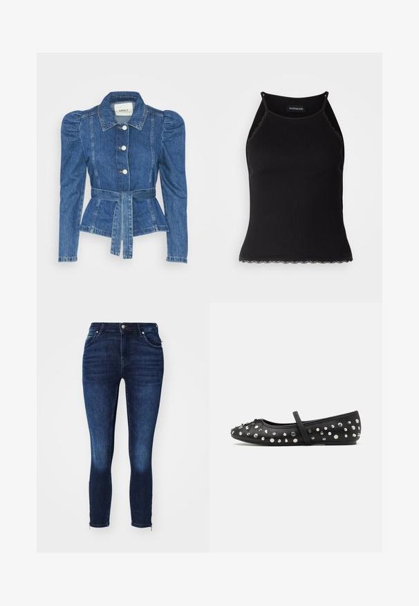 Denimiga jope, mille vöökoht on reguleeritav, kehaosa on kitsas ja õlavarred on puhvaariga. Keskmise sinise värvusega, struktureeritud disain ja ees nupulukud.; Must mustriba top musta servadega äärega. Omab peeneid rihmu ja istuvat disaini. Valmistatud venivast kangast.; Tumedad sinised kitsad teksad sujuva pinnaga, kerged pleekinud kohad reitel ja lukuga detailid allääres. Valmistatud denimsest materjalist.; Mustast nahktoodangust baleriin, millel on dekoratiivsed hõbedased nupud. Sisaldab jalataga rihma ja ümarat varba disaini.