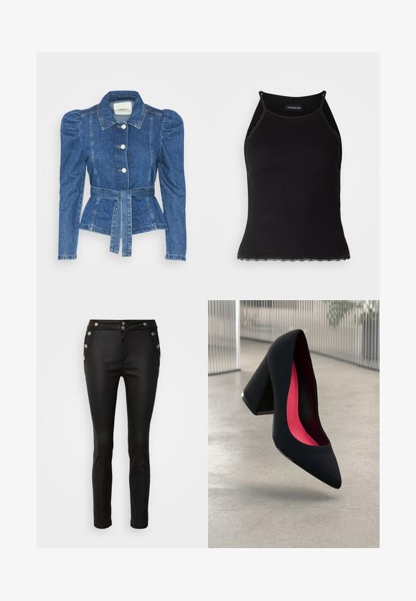Denim jacket with a belted waist, fitted bodice, and puffed shoulders. Medium blue color, structured design, and front button closures.; Black ribbed tank top with scalloped lace trim at the hem. Features thin straps and a fitted design. Made from stretchable fabric.; Morgan PARTY - Trousers - noir; Black high-heeled shoe with a pointed toe and a textured upper. Interior features bright pink lining. Square heel with metallic accent at the base.