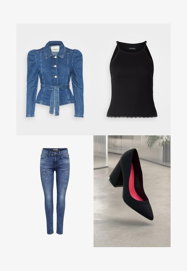 Denimo striukė su dirželiu liemens srityje, prigludusia forma ir pūstomis pečių dalimis. Vidutinio mėlynumo spalva, struktūrizuotas dizainas ir priekiniai mygtukų užsegimai.; Juodas raštuotas marškinėlis be rankovių su banginiu nėriniu apdaila apatine dalimi. Savybės: plonos petnešos ir prigludusi forma. Pagaminta iš tamprios medžiagos.; Mėlyni džinsai, dailūs, su išblukusiomis vietomis ir pažeidimų detalėmis, turintys standartinį penkių kišenių dizainą ir mygtukų užsegimą.; Juoda aukštakulnė bateliai su aštriu priekeliu ir tekstūruotu viršumi. Viduje ryškiai rožinė pamušalas. Kvadratinis kulnas su metaliniu akcentu pado pagrinde.