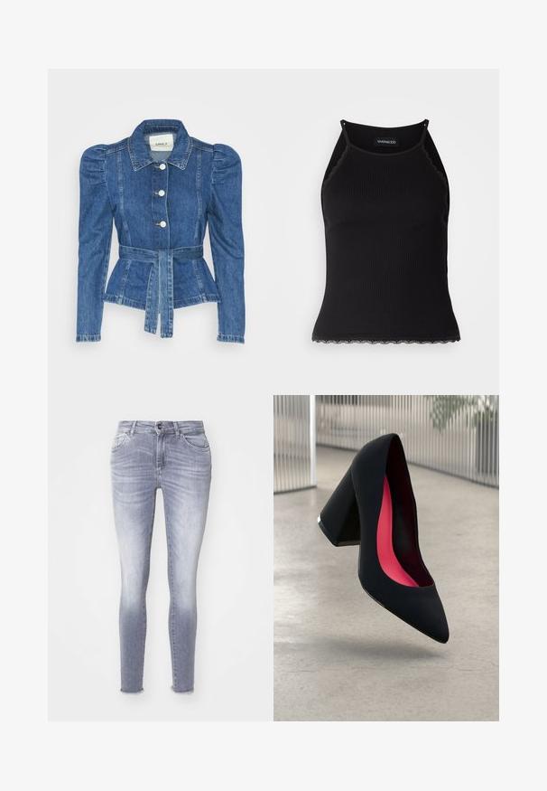 Denimiga jope, mille vöökoht on reguleeritav, kehaosa on kitsas ja õlavarred on puhvaariga. Keskmise sinise värvusega, struktureeritud disain ja ees nupulukud.; Must mustriba top musta servadega äärega. Omab peeneid rihmu ja istuvat disaini. Valmistatud venivast kangast.; Kitsad teksad heledas sinises denimis, millel on pleekinud viimistlus, viis taskut ja kulunud äär. Kergelt nähtavad õmbluse detailid kogu toote ulatuses.; Must kontsaga king, millel on terav nina ja tekstuuriga pealmine osa. Sisemine pool on erkroosa voodriga. Kont on ruudukujuline ja selle alusel on metallikdetail.