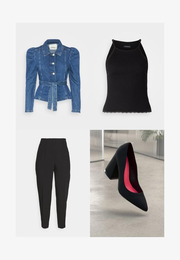 Denim jacket with a belted waist, fitted bodice, and puffed shoulders. Medium blue color, structured design, and front button closures.; Black ribbed tank top with scalloped lace trim at the hem. Features thin straps and a fitted design. Made from stretchable fabric.; Black tailored trousers feature a high waist, front pleats, tapered legs, and a smooth texture. Made of a lightweight fabric, no visible fastenings.; Black high heel shoe with a pointed toe, textured surface, and a vibrant pink interior. Features a chunky heel with silver accent.