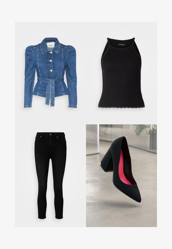 Denimiga jope, mille vöökoht on reguleeritav, kehaosa on kitsas ja õlavarred on puhvaariga. Keskmise sinise värvusega, struktureeritud disain ja ees nupulukud.; Must mustriba top musta servadega äärega. Omab peeneid rihmu ja istuvat disaini. Valmistatud venivast kangast.; ONLY Petite ONLPOWER MID PUSH UP - Kitsa lõikega teksad - washed black; Mustad must kõrged kontsad, terava ninaga, tekstuurse pinnaga ning erksa roosa sisemusega. Omab paksu kontsa koos hõbedase aktsendiga.