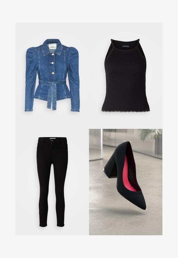 Jeansjacka med midjebälte, åtsittande liv och puffiga axlar. Mellanblå färg, strukturerad design och knäppning fram.; Svart ribbad linne med scallop-mönstrad spetskant i nederkant. Har tunna axelband och en figurnära design. Tillverkad av elastiskt tyg.; Svart slim-fit jeans med knapplås och dragkedja, fram- och bakfickor, på en neutral vit bakgrund.; Svart högklackad sko med spetsig tå och texturerad ovandel. Insidan har en ljusrosa foder. Fyrkantig klack med metallisk detalj vid basen.