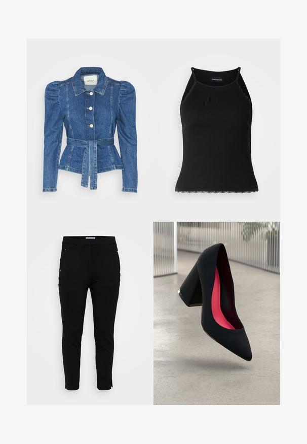 Denim jacket with a belted waist, fitted bodice, and puffed shoulders. Medium blue color, structured design, and front button closures.; Black ribbed tank top with scalloped lace trim at the hem. Features thin straps and a fitted design. Made from stretchable fabric.; Anna Field Curvy Trousers - black; Black high heel shoe with a pointed toe, textured surface, and a vibrant pink interior. Features a chunky heel with silver accent.