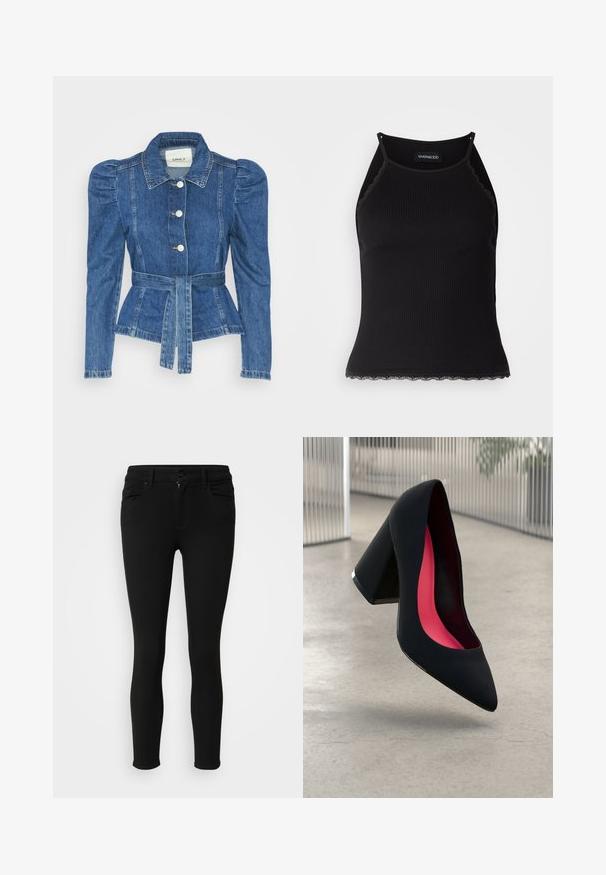 Chaqueta de mezclilla con cintura ceñida, cuerpo ajustado y hombros abullonados. Color azul medio, diseño estructurado y cierres frontales de botones.; Top de tanque negro con ribetes acanalados y borde de encaje con volantes en el dobladillo. Presenta tirantes finos y un diseño ajustado. Fabricado en tejido elástico.; Jeans ajustados negros hechos de material elástico, con cierre de cremallera, botón y dos bolsillos frontales. Textura suave y diseño ceñido.; Zapato de tacón alto negro con puntera afilada, superficie texturizada y un interior de un rosa vibrante. Presenta un tacón grueso con un acento plateado.