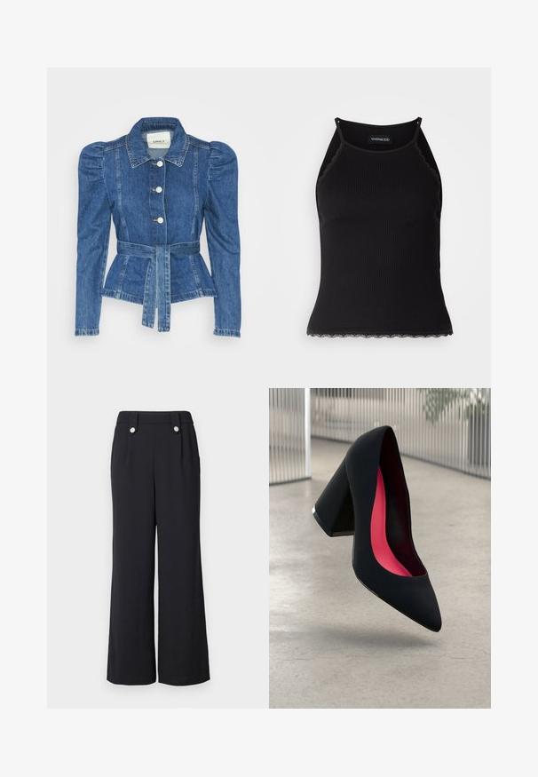 Riposso takki, jossa on vyöllinen vyötärö, istuva vartalo ja puffatut olkapäät. Keskisininen väri, rakenteellinen muotoilu ja etupainetut napit.; Mustan ribbitoppi, jonka helman reunassa on aaltoileva pitsi. Ominaisuuksina ohuet hihnat ja tiukka malli. Valmistettu joustavasta kankaasta.; Mustat leveät housut korkealla vyötäröllä, joissa on etutaskut ja koristeelliset hopeanväriset napit vyötäröllä. Silkinhimoinen kangas.; Musta korkokenkä, jossa on terävä kärki, teksturoitu pinta ja kirkkaan vaaleanpunainen sisus. Varustettu tukevalla kannalla, jossa on hopeinen yksityiskohta.