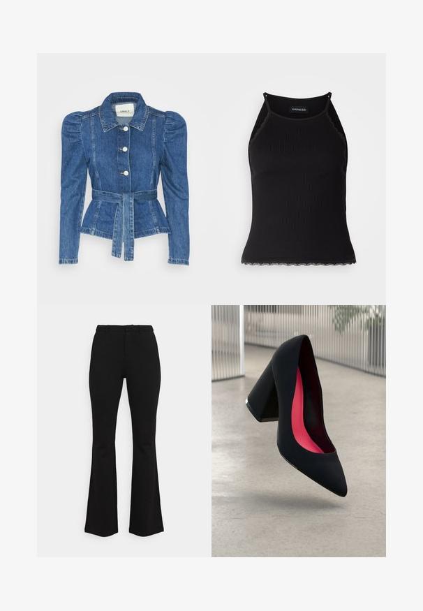 Jachetă din denim cu talie cu curea, bust ajustat și umeri bufanți. Culoare albastră medie, design structurat și închidere cu nasturi în față.; Top de bumbac negru cu nervuri, cu dantelă ondulată la margine. Are bretele subțiri și un design ajustat. Fabricat din material elastic.; Pantaloni negri evazați dintr-un material elastic. Prezintă o talie ajustată, un design plat în față și detalii subtile cu cusături. Textură netedă în general.; Cămașă cu toc înalt, neagră, cu vârful ascuțit, suprafață texturată și interior de un roz vibrant. Dispune de un toc gros cu accent argintiu.